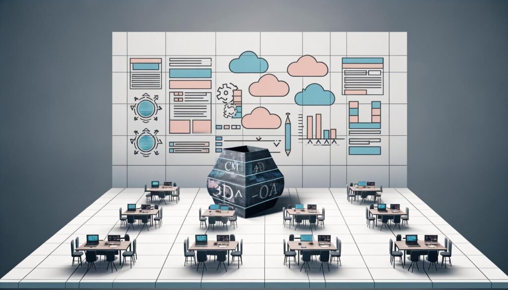 Futuristischer Newsroom mit diversen Mitarbeitenden, digitalen Dashboards, Daten-Workflows und einem alten, angestaubten WordPress im Hintergrund