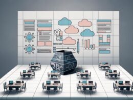 Futuristischer Newsroom mit diversen Mitarbeitenden, digitalen Dashboards, Daten-Workflows und einem alten, angestaubten WordPress im Hintergrund