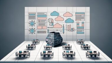 Futuristischer Newsroom mit diversen Mitarbeitenden, digitalen Dashboards, Daten-Workflows und einem alten, angestaubten WordPress im Hintergrund