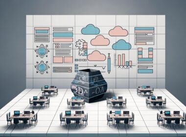 Futuristischer Newsroom mit diversen Mitarbeitenden, digitalen Dashboards, Daten-Workflows und einem alten, angestaubten WordPress im Hintergrund