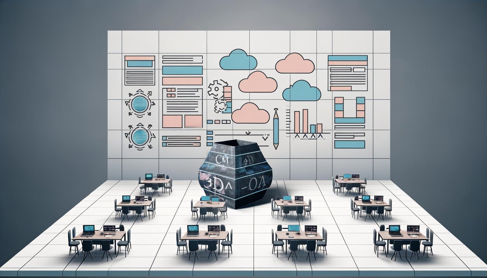 Futuristischer Newsroom mit diversen Mitarbeitenden, digitalen Dashboards, Daten-Workflows und einem alten, angestaubten WordPress im Hintergrund