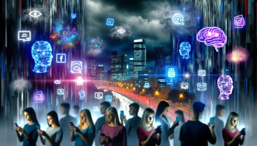 Menschen scrollen in einer futuristischen Stadt auf Smartphones, während digitale Nebel, Datenströme, künstliche Intelligenz-Symbole und verzerrte Gesichter über den Hochhäusern schweben.