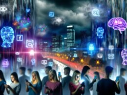 Menschen scrollen in einer futuristischen Stadt auf Smartphones, während digitale Nebel, Datenströme, künstliche Intelligenz-Symbole und verzerrte Gesichter über den Hochhäusern schweben.