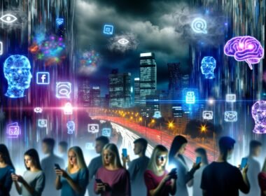 Menschen scrollen in einer futuristischen Stadt auf Smartphones, während digitale Nebel, Datenströme, künstliche Intelligenz-Symbole und verzerrte Gesichter über den Hochhäusern schweben.