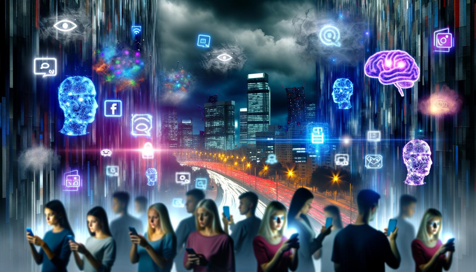 Menschen scrollen in einer futuristischen Stadt auf Smartphones, während digitale Nebel, Datenströme, künstliche Intelligenz-Symbole und verzerrte Gesichter über den Hochhäusern schweben.