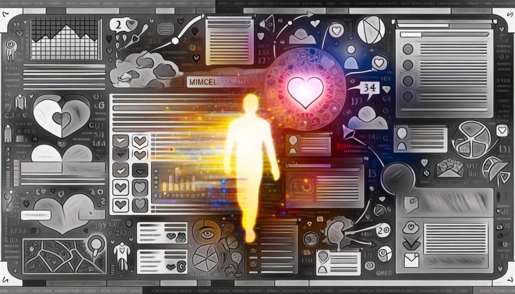 Kreative Illustration einer grauen, überladenen Website voller Zahlen und Daten auf der linken Seite, durchbrochen von einer leuchtenden, warmen menschlichen Figur und einem Herz in der Mitte mit erzählerischen Elementen.