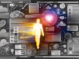 Kreative Illustration einer grauen, überladenen Website voller Zahlen und Daten auf der linken Seite, durchbrochen von einer leuchtenden, warmen menschlichen Figur und einem Herz in der Mitte mit erzählerischen Elementen.