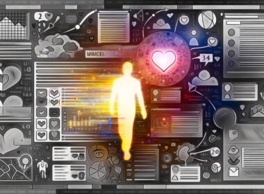 Kreative Illustration einer grauen, überladenen Website voller Zahlen und Daten auf der linken Seite, durchbrochen von einer leuchtenden, warmen menschlichen Figur und einem Herz in der Mitte mit erzählerischen Elementen.