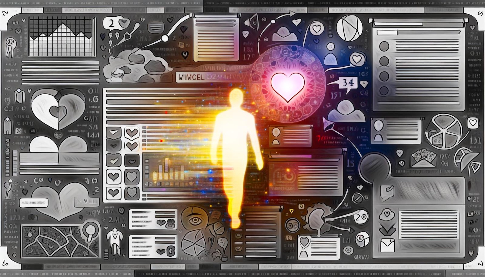 Kreative Illustration einer grauen, überladenen Website voller Zahlen und Daten auf der linken Seite, durchbrochen von einer leuchtenden, warmen menschlichen Figur und einem Herz in der Mitte mit erzählerischen Elementen.