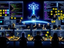 Futuristischer Workspace mit Entwicklern, die an dunklen Monitoren eine GraphQL-Schnittstelle, einen Static Site Generator und API-Analytics verwenden. Zentrale, leuchtende GraphQL-Logo verbunden mit Icons für CMS, E-Commerce, Microservices, CDN auf digitalem Architektur-Flowchart.