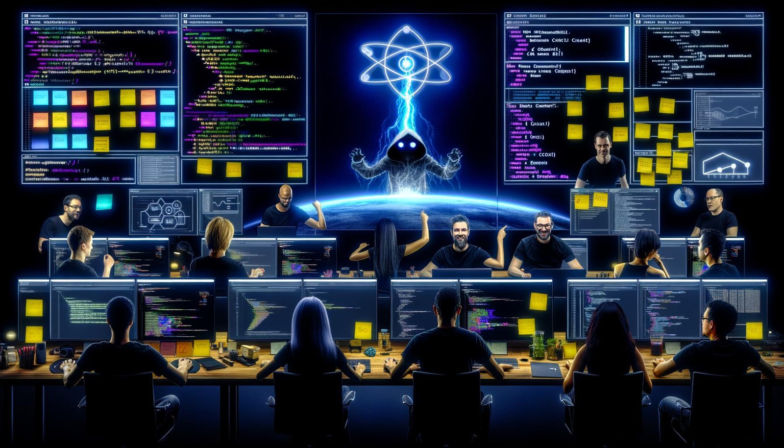 Futuristischer Workspace mit Entwicklern, die an dunklen Monitoren eine GraphQL-Schnittstelle, einen Static Site Generator und API-Analytics verwenden. Zentrale, leuchtende GraphQL-Logo verbunden mit Icons für CMS, E-Commerce, Microservices, CDN auf digitalem Architektur-Flowchart.