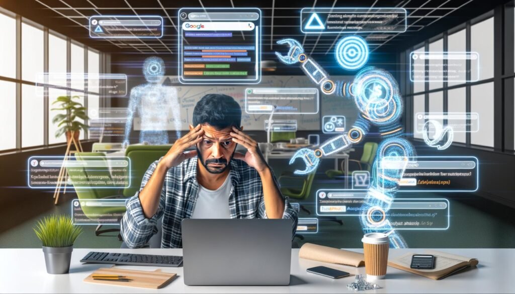 Eine gestresst wirkende Person sitzt vor Computer und Kaffeetasse, während im Hintergrund digitale Automatisierungstools und Maschinenarme Aufgaben übernehmen. Kreative Strategieansätze am Whiteboard signalisieren Aufbruch durch Technologie.