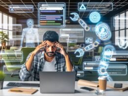 Eine gestresst wirkende Person sitzt vor Computer und Kaffeetasse, während im Hintergrund digitale Automatisierungstools und Maschinenarme Aufgaben übernehmen. Kreative Strategieansätze am Whiteboard signalisieren Aufbruch durch Technologie.