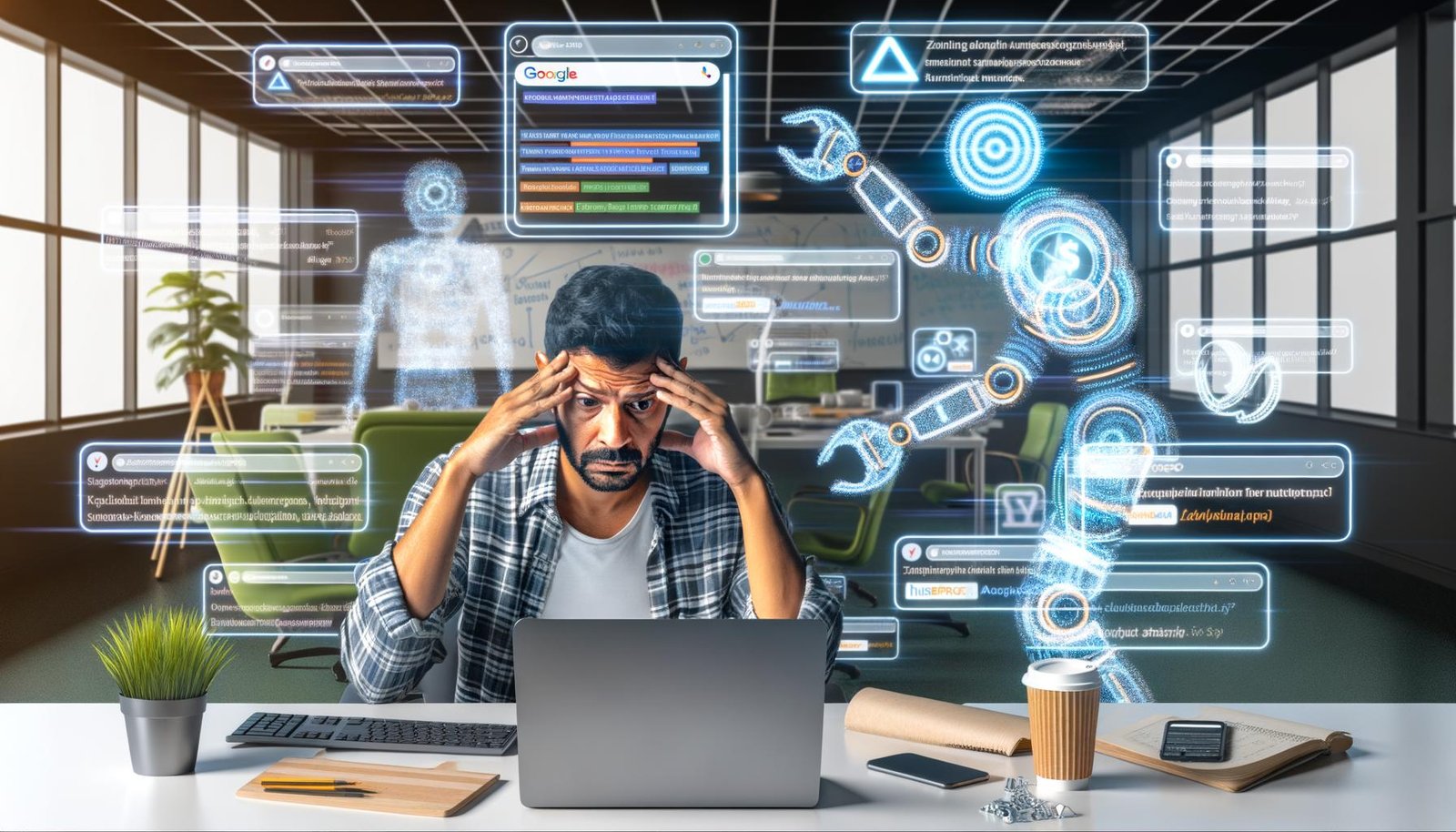 Eine gestresst wirkende Person sitzt vor Computer und Kaffeetasse, während im Hintergrund digitale Automatisierungstools und Maschinenarme Aufgaben übernehmen. Kreative Strategieansätze am Whiteboard signalisieren Aufbruch durch Technologie.