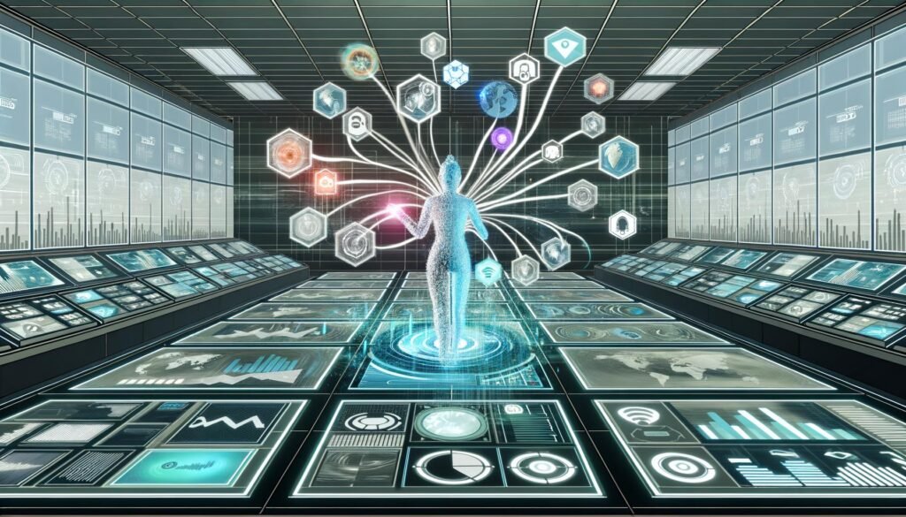 Futuristischer Kontrollraum mit digitalen Displays, Daten-KPIs und einer Person, die automatisierte Inhalte kanalübergreifend steuert.