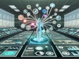 Futuristischer Kontrollraum mit digitalen Displays, Daten-KPIs und einer Person, die automatisierte Inhalte kanalübergreifend steuert.