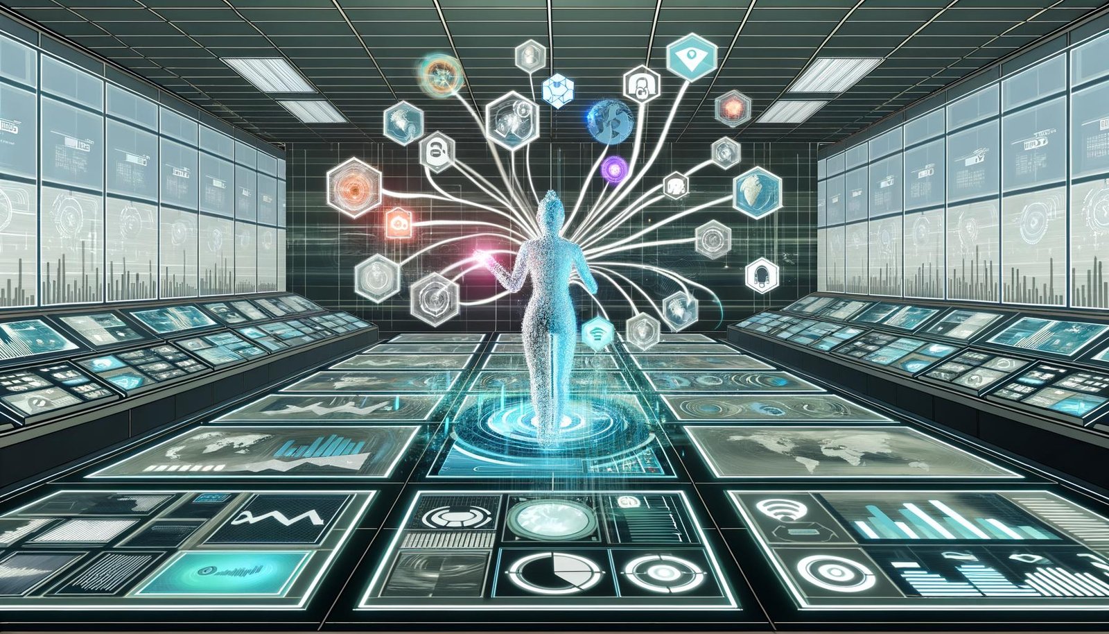 Futuristischer Kontrollraum mit digitalen Displays, Daten-KPIs und einer Person, die automatisierte Inhalte kanalübergreifend steuert.