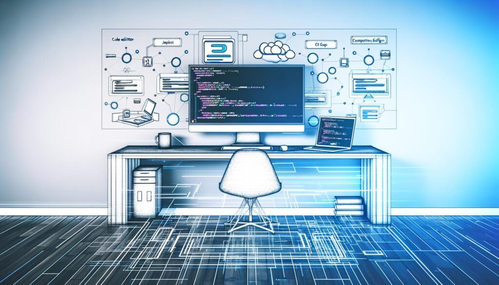 Hyperrealistischer Arbeitsplatz mit zwei Monitoren, die Code-Editor und UI-Design-Tools zeigen, darüber technische Netzwerkverbindungen zu Next.js, Contentful, Vercel und Daten-Clouds; monochromes Farbschema mit blauen und orangen Akzenten sowie Blueprint-Overlay.