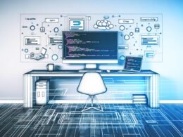 Hyperrealistischer Arbeitsplatz mit zwei Monitoren, die Code-Editor und UI-Design-Tools zeigen, darüber technische Netzwerkverbindungen zu Next.js, Contentful, Vercel und Daten-Clouds; monochromes Farbschema mit blauen und orangen Akzenten sowie Blueprint-Overlay.