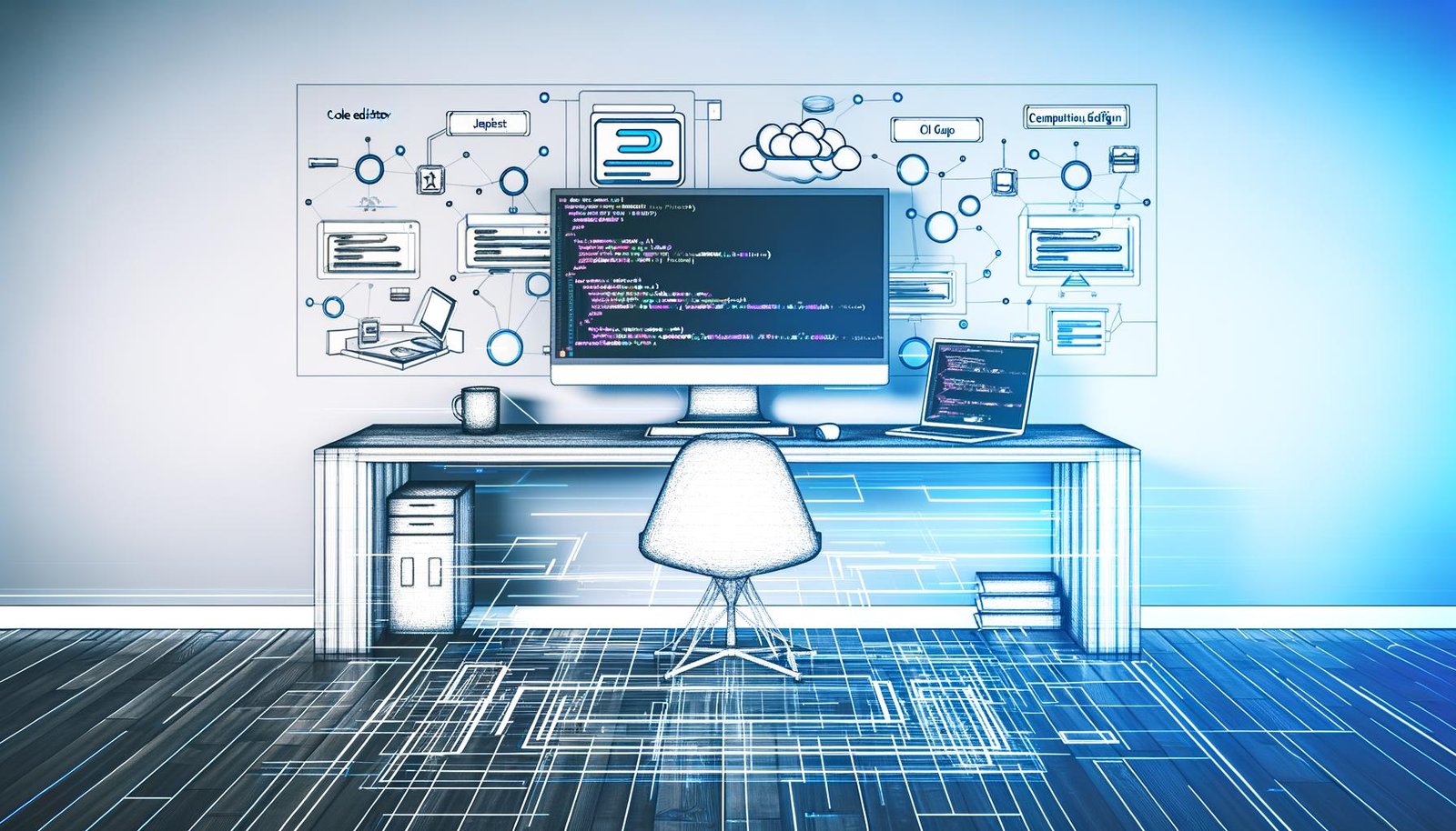 Hyperrealistischer Arbeitsplatz mit zwei Monitoren, die Code-Editor und UI-Design-Tools zeigen, darüber technische Netzwerkverbindungen zu Next.js, Contentful, Vercel und Daten-Clouds; monochromes Farbschema mit blauen und orangen Akzenten sowie Blueprint-Overlay.