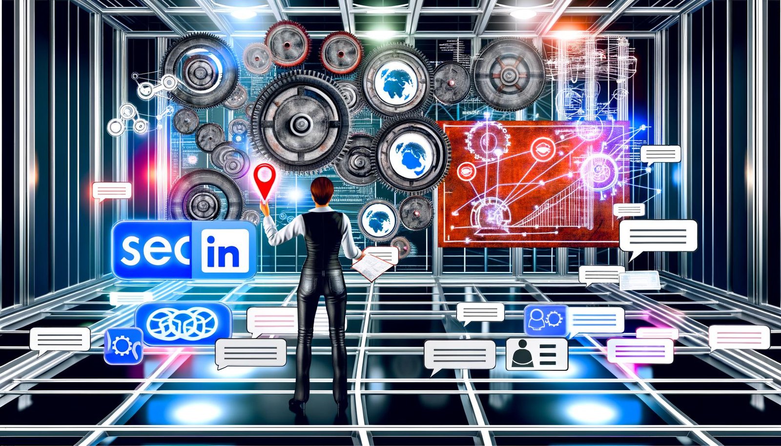 Abstrakter, futuristischer Maschinenraum mit digitalen Elementen wie Diagrammen, Chatblasen, Infografiken und einer starken Brand-Figur im Zentrum, die einen roten Blueprint-Plan hält.