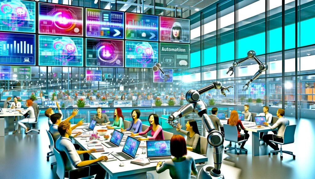 Junge Marketer in einem offenen, modernen deutschen Büro mit Robotik-Unterstützung, die an Meetingtischen diskutieren. Im Hintergrund wird ein großer Automatisierungs-Button aktiviert, überall leuchten digitale Dashboards.