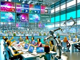 Junge Marketer in einem offenen, modernen deutschen Büro mit Robotik-Unterstützung, die an Meetingtischen diskutieren. Im Hintergrund wird ein großer Automatisierungs-Button aktiviert, überall leuchten digitale Dashboards.