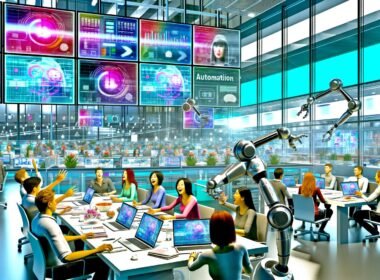 Junge Marketer in einem offenen, modernen deutschen Büro mit Robotik-Unterstützung, die an Meetingtischen diskutieren. Im Hintergrund wird ein großer Automatisierungs-Button aktiviert, überall leuchten digitale Dashboards.