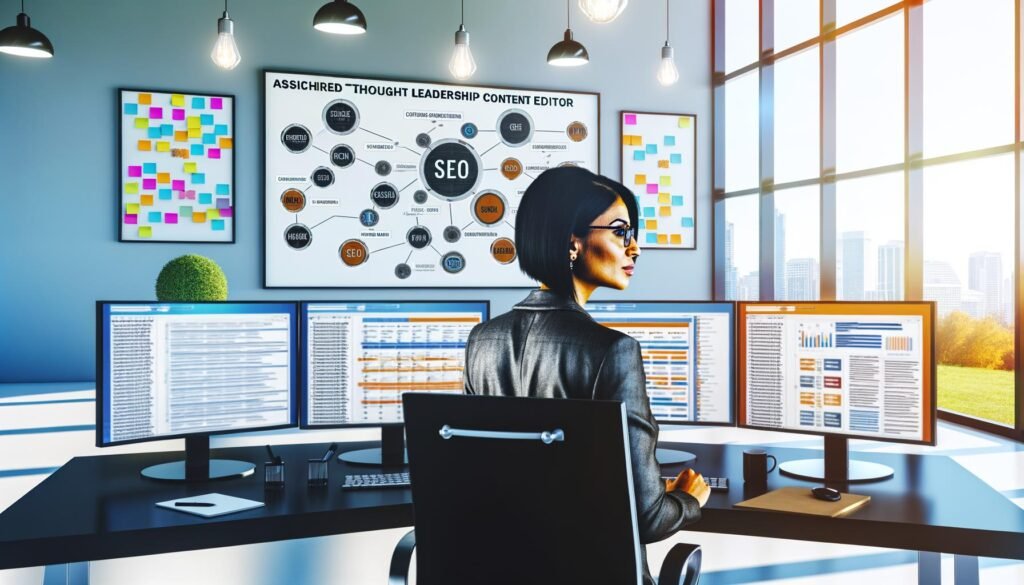 Moderner Office-Arbeitsplatz mit großen Monitoren, SEO-Tools, Redaktionsplan, Whiteboard voller Content-Cluster und einem fokussierten Thought Leadership Content Editor.