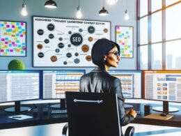 Moderner Office-Arbeitsplatz mit großen Monitoren, SEO-Tools, Redaktionsplan, Whiteboard voller Content-Cluster und einem fokussierten Thought Leadership Content Editor.