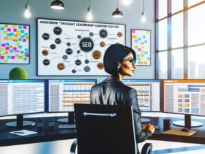 Moderner Office-Arbeitsplatz mit großen Monitoren, SEO-Tools, Redaktionsplan, Whiteboard voller Content-Cluster und einem fokussierten Thought Leadership Content Editor.