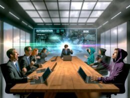 Manager in Anzügen und Tech-Nerds in Hoodies sitzen an einem langen Holztisch im modernen Konferenzraum und diskutieren über Automatisierung, Chancen und Risiken vor einer großen Schrifttafel.