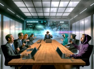 Manager in Anzügen und Tech-Nerds in Hoodies sitzen an einem langen Holztisch im modernen Konferenzraum und diskutieren über Automatisierung, Chancen und Risiken vor einer großen Schrifttafel.