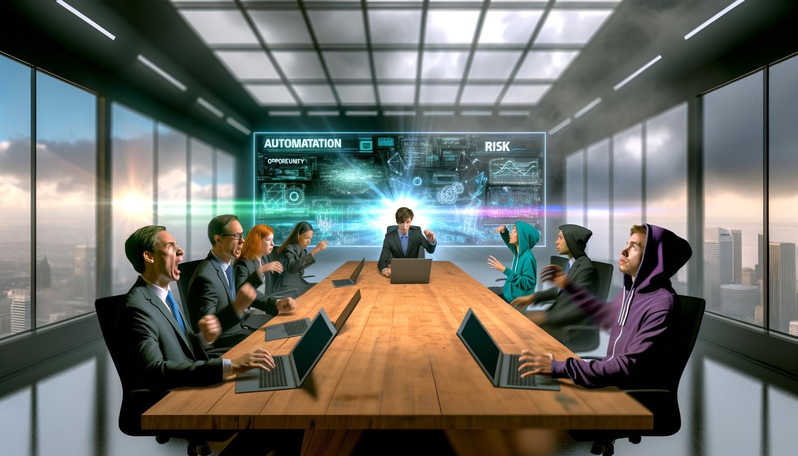 Manager in Anzügen und Tech-Nerds in Hoodies sitzen an einem langen Holztisch im modernen Konferenzraum und diskutieren über Automatisierung, Chancen und Risiken vor einer großen Schrifttafel.