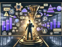Illustration eines konzentrierten Online-Marketers im modernen Maschinenraum mit holografischen Dashboards, Datenströmen, Warnsymbolen, ROI-Markierungen und Hightech-Analytics-Elementen