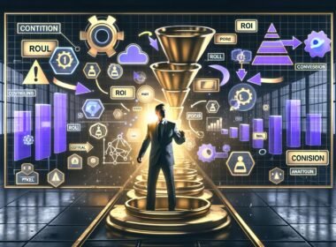 Illustration eines konzentrierten Online-Marketers im modernen Maschinenraum mit holografischen Dashboards, Datenströmen, Warnsymbolen, ROI-Markierungen und Hightech-Analytics-Elementen