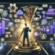 Illustration eines konzentrierten Online-Marketers im modernen Maschinenraum mit holografischen Dashboards, Datenströmen, Warnsymbolen, ROI-Markierungen und Hightech-Analytics-Elementen