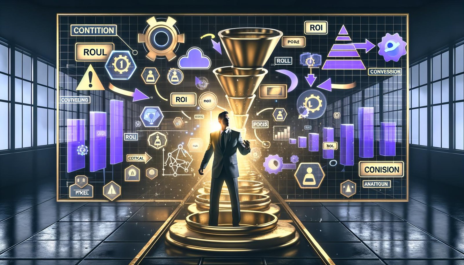 Illustration eines konzentrierten Online-Marketers im modernen Maschinenraum mit holografischen Dashboards, Datenströmen, Warnsymbolen, ROI-Markierungen und Hightech-Analytics-Elementen