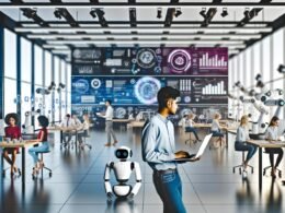 Futuristisches Büro mit smarten Bildschirmen, Datenströmen, Roboterarmen und jungen Mitarbeitern, die konzentriert an Laptops arbeiten.