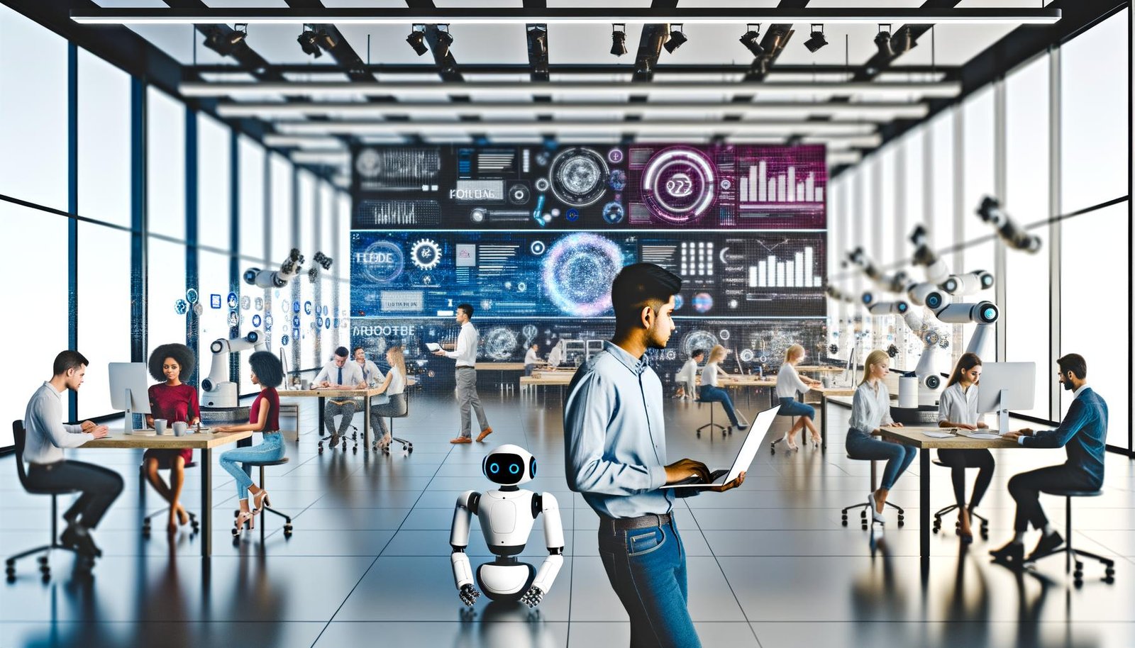 Futuristisches Büro mit smarten Bildschirmen, Datenströmen, Roboterarmen und jungen Mitarbeitern, die konzentriert an Laptops arbeiten.