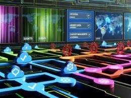 Futuristischer Arbeitsplatz mit großen Analytics-Monitoren, Tag-Management, Server-seitigem Tracking und Consent-Management in einer automatisierten Marketing-Pipeline.