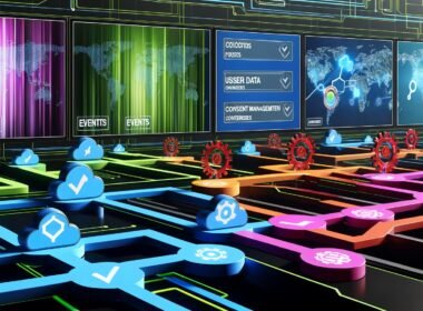 Futuristischer Arbeitsplatz mit großen Analytics-Monitoren, Tag-Management, Server-seitigem Tracking und Consent-Management in einer automatisierten Marketing-Pipeline.