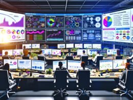 Breitwinkelaufnahme eines digitalen Arbeitsplatzes mit mehreren Ultra-Weitbildschirmen, die ein Conversion-Tracking-Dashboard mit Echtzeit-Grafiken und Kennzahlen zeigen, umgeben von Marketingexperten, Post-its und technischen Geräten.