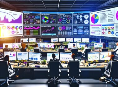 Breitwinkelaufnahme eines digitalen Arbeitsplatzes mit mehreren Ultra-Weitbildschirmen, die ein Conversion-Tracking-Dashboard mit Echtzeit-Grafiken und Kennzahlen zeigen, umgeben von Marketingexperten, Post-its und technischen Geräten.