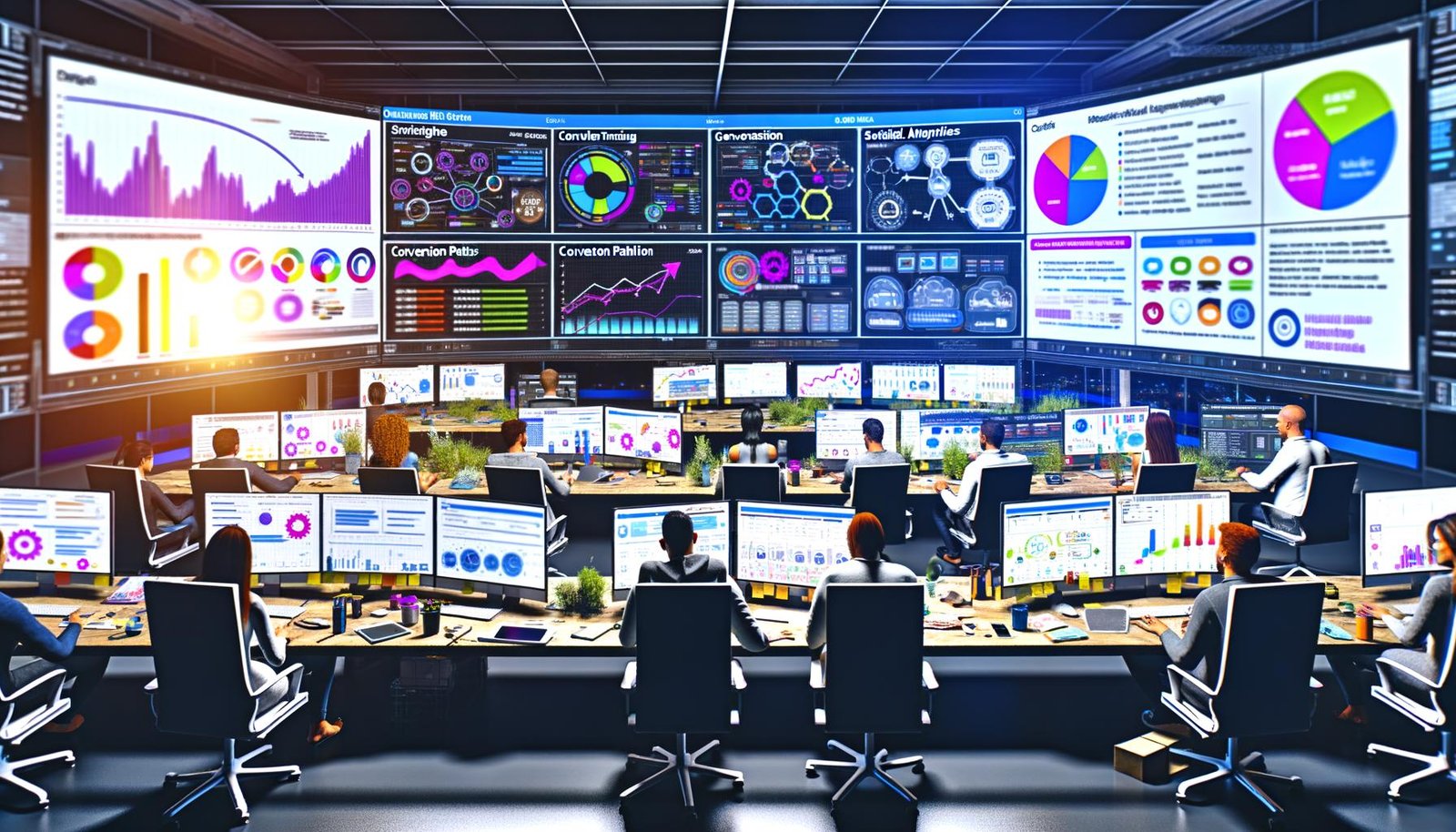 Breitwinkelaufnahme eines digitalen Arbeitsplatzes mit mehreren Ultra-Weitbildschirmen, die ein Conversion-Tracking-Dashboard mit Echtzeit-Grafiken und Kennzahlen zeigen, umgeben von Marketingexperten, Post-its und technischen Geräten.