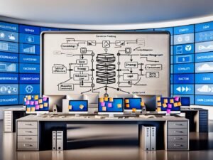 Modernes Büro mit mehreren Monitoren und großem Whiteboard, das ein Conversion Tracking Framework mit Infrastruktur, Strategie und rechtlichen Ebenen zeigt. Umgeben von Post-its mit den Stichworten Modularität, Redundanz und Qualitätskontrolle, symbolisiert die Szene technologische Kontrolle und Struktur.