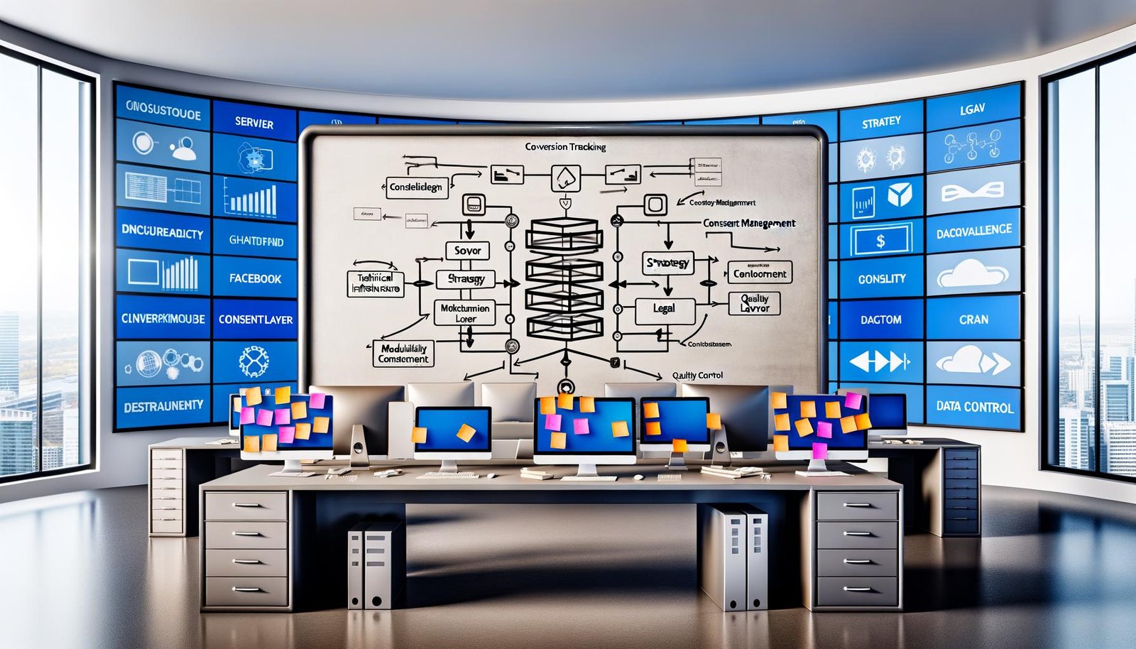 Modernes Büro mit mehreren Monitoren und großem Whiteboard, das ein Conversion Tracking Framework mit Infrastruktur, Strategie und rechtlichen Ebenen zeigt. Umgeben von Post-its mit den Stichworten Modularität, Redundanz und Qualitätskontrolle, symbolisiert die Szene technologische Kontrolle und Struktur.