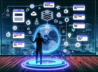 Illustration eines Webentwicklers mit großen Monitoren, Headless CMS-Interfaces (Contentful, Sanity, Strapi), API-Endpunkten, Next.js- und Gatsby-Code-Editoren sowie technologischem urbanem Hintergrund.