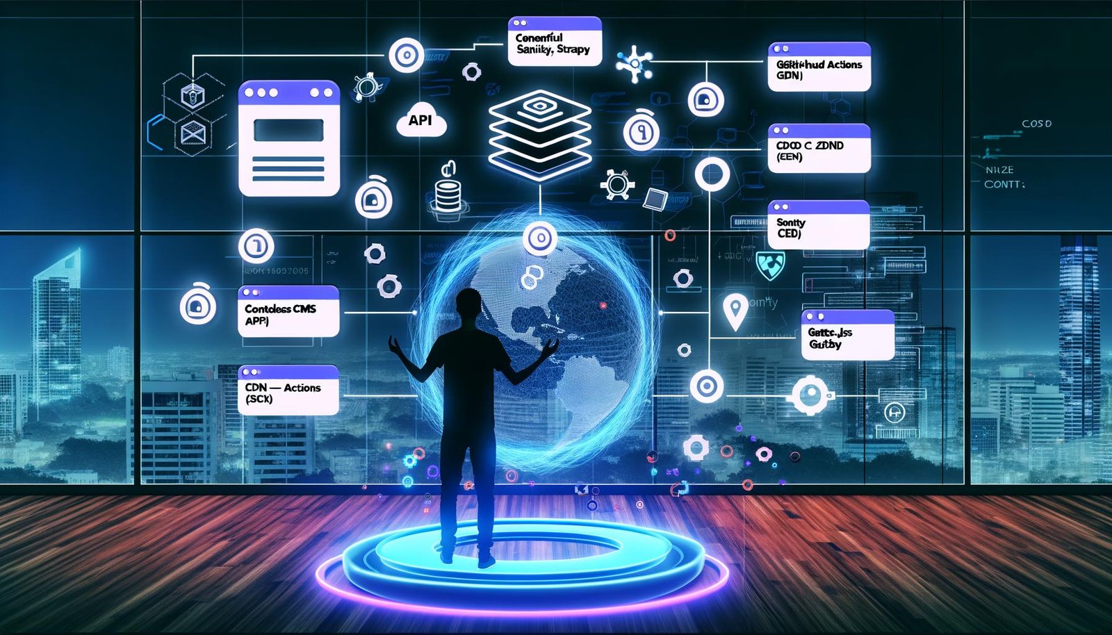 Illustration eines Webentwicklers mit großen Monitoren, Headless CMS-Interfaces (Contentful, Sanity, Strapi), API-Endpunkten, Next.js- und Gatsby-Code-Editoren sowie technologischem urbanem Hintergrund.