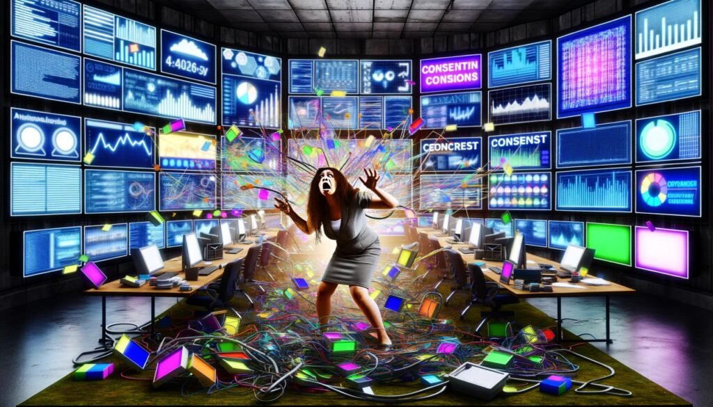 Marketer in einem überladenen Kontrollraum mit zahlreichen Bildschirmen, auf denen Analytics-Dashboards, Tracking-Pixel und Consent-Banner zu sehen sind.